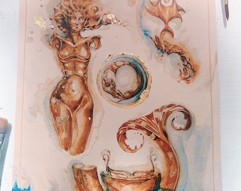 Mediterranean Mermaid Print: Gold Leaf Signed Watercolor, 8x10”