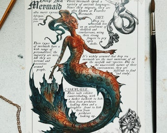 Deep Sea Siren Field Note — Mythological Mermaid Art Print, Watercolor Fantasy Wall Art, Ocean Lover Gift, 8x10