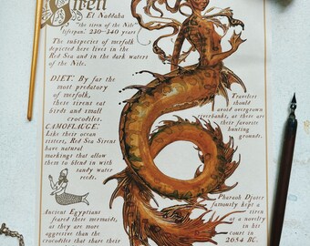 Red Sea Siren Art Print – Mythological Watercolor Fantasy Wall Art (8x10)