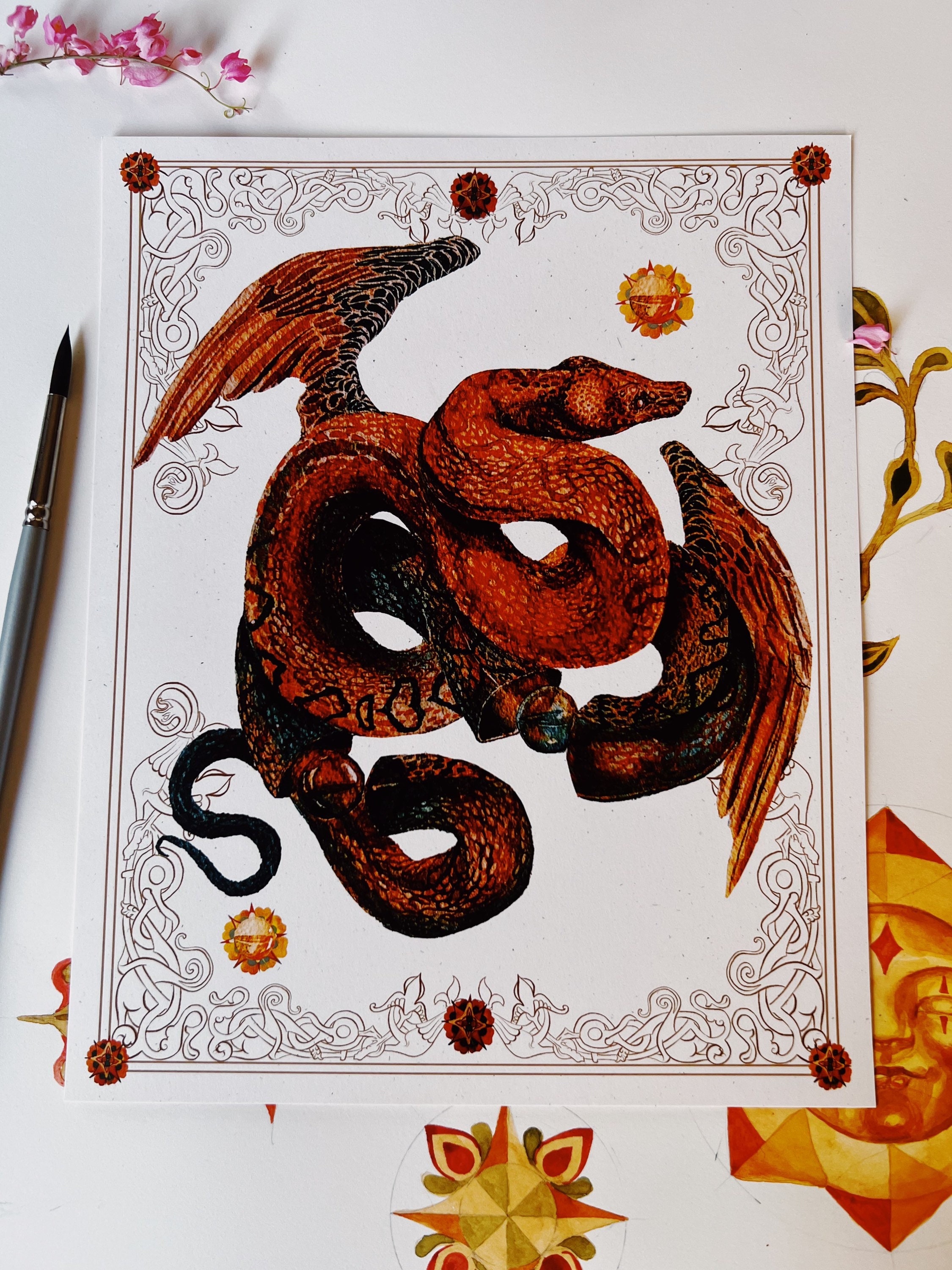 太陽の蛇のプリント：8x10インチの白樺紙に水彩画 - Etsy 日本