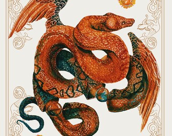 蛇の水彩画　値引き！！ 太陽の蛇のプリント：8x10インチの白樺紙に水彩画 - Etsy 日本