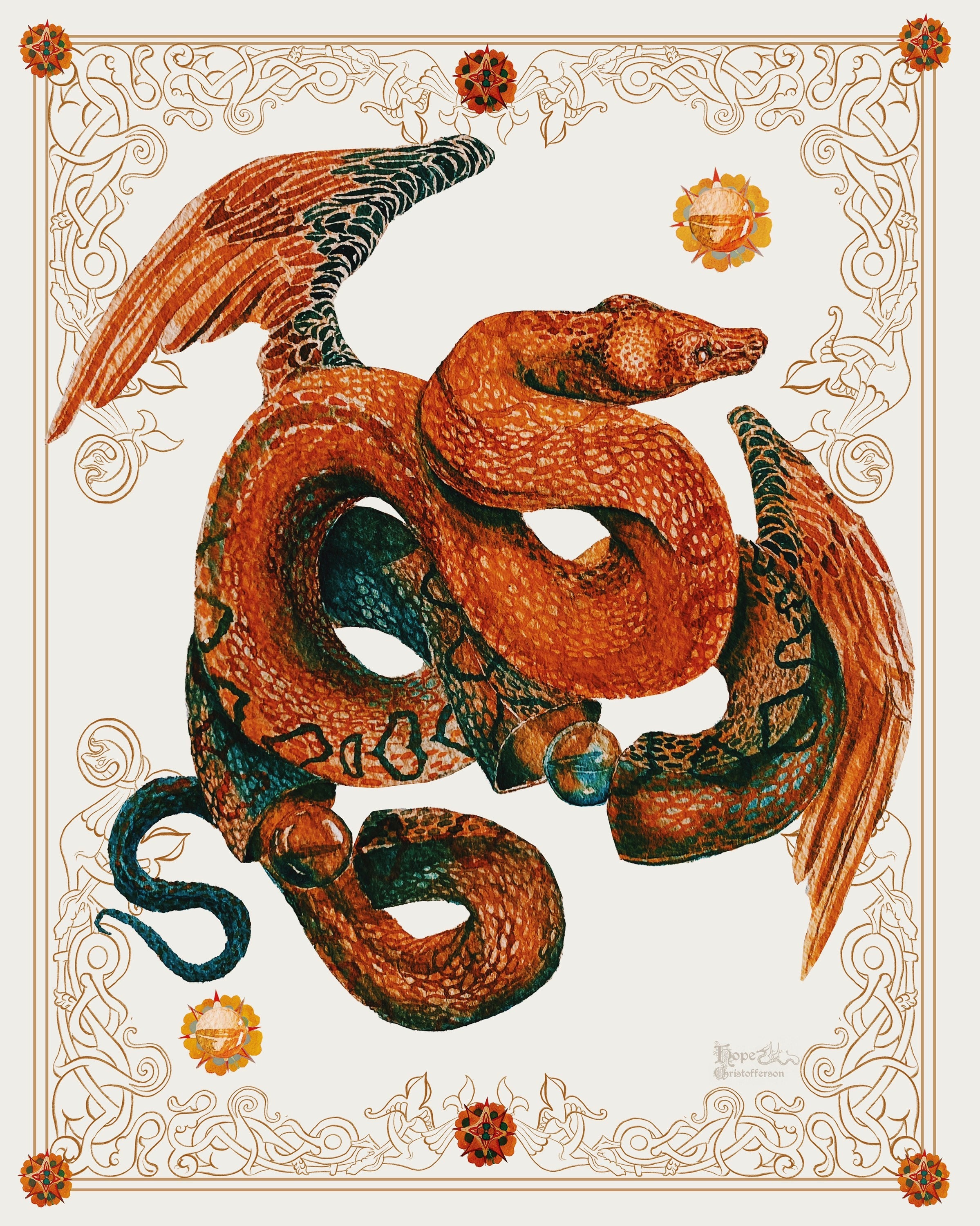 太陽の蛇のプリント：8x10インチの白樺紙に水彩画 - Etsy 日本