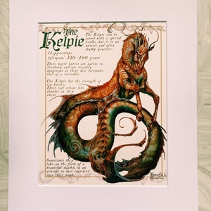 May include: A watercolor illustration of a Kelpie, a mythical water horse from Scottish folklore. The Kelpie is depicted as a powerful creature with a horse's head and a serpentine body. The illustration is set against a white background with text describing the Kelpie's characteristics and habits.