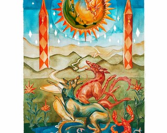 Moon Tarot Card Art Print — Rider Waite Inspired Watercolor, Celestial Mystical Wall Art, Tarot Lover Gift, 8x10