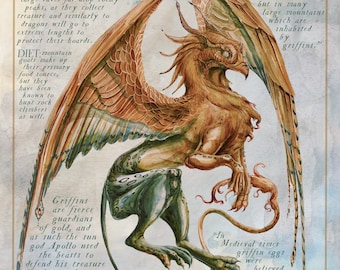 Gryphon Field Note — Fantasy Mythology Art Print, Watercolor on Birch Paper, Dragon Lover Gift, 8x10 Wall Art