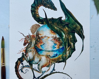 Loreland Print: Dragon & Unicorn Art with Gold Leaf Sun (8x10”)