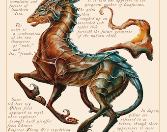Qilin Field Note — Chinese Mythology Art Print, Fantasy Dragon Horse Watercolor, Asian Folklore Wall Art, 8x10