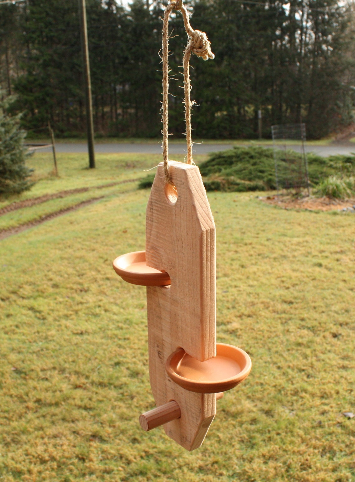 Hanging Wood Bird Feeder With Ceramic Trays Etsy