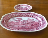 RARE 19 1 4 quot Serving Platter Copeland Pink Spode 39 s Tower England Large Plate Tray Red Transferware Turkey Platter Serving Dish Oval Spode
