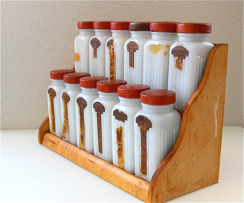12 Griffith's Milk Glass Spice Jar Set with Wooden Rack Etsy