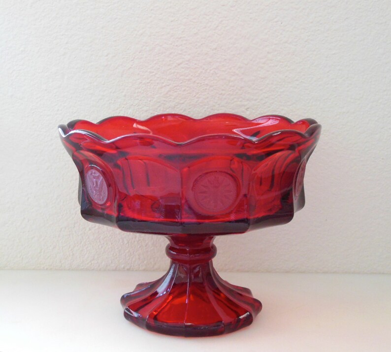 Fostoria Ruby Red Glass Coin Compote American Eagle and Torch Etsy