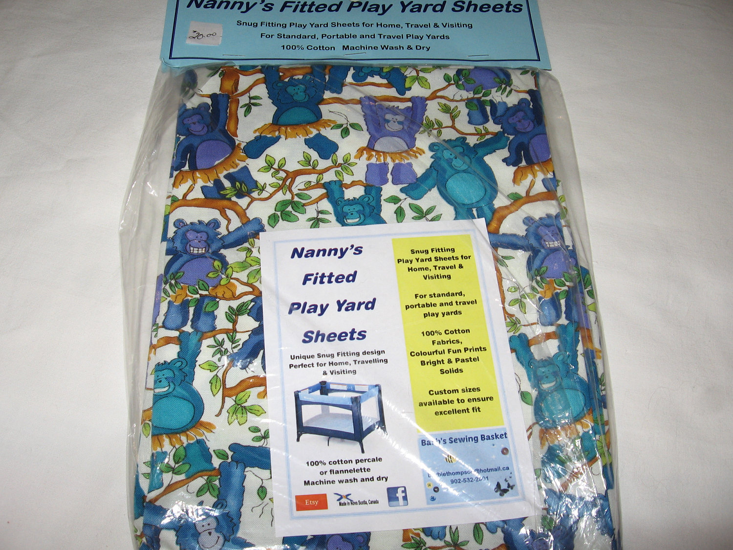 Original Snug Fitting Portable Play Yard Sheet and Matching Bib ,cotton Fabric, Playful Monkeys ...