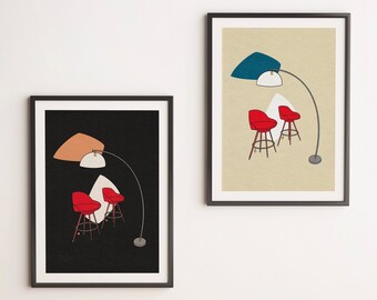 Mid-Century Chairs and Lamp Flea Market Illustration, Giclée Print