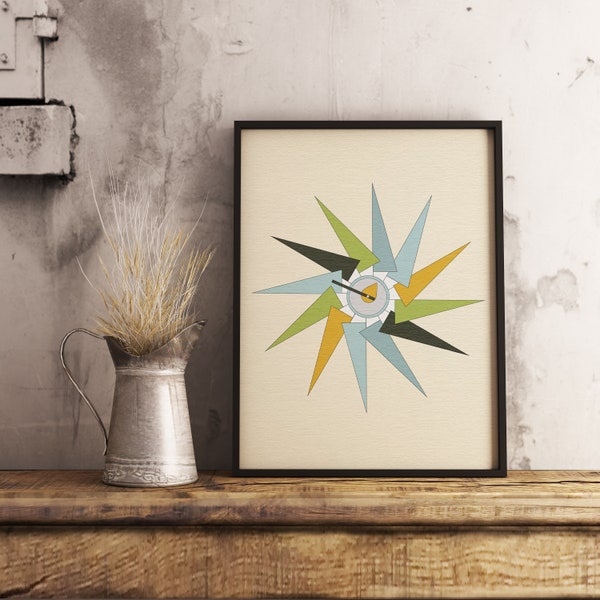 Mid-Century Design Sunburst Turbine Wall Clock Illustration, Giclée Print