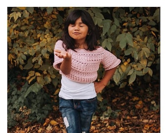 Crochet PATTERN Girl's Sweater | Kid's Fall Slouchy Sweater Pattern | Girl's Cropped Off The Shoulder Top Crochet Pattern | PDF Download