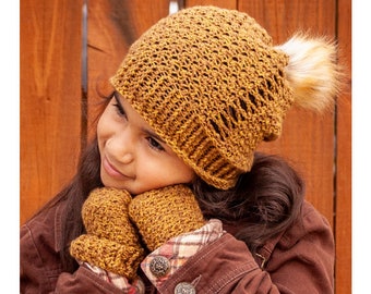 Fall Crochet Pattern | Geneva Slouch Beanie and Matching Fingerless Gloves Crochet Pattern for Toddler, Child, and Adult | PDF Download