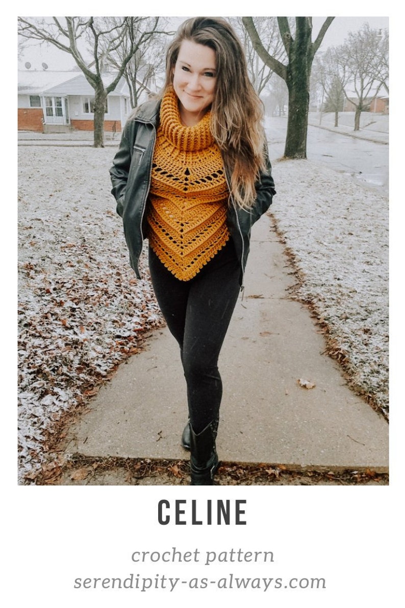 May include: A woman wearing a mustard yellow crochet cowl neck top with a black leather jacket and black leggings. The top has a lacy pattern and is crocheted in a triangular shape. The text "CELINE crochet pattern serendipity-as-always.com" is at the bottom of the image.