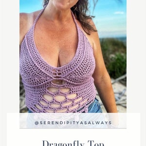 May include: A crochet top pattern with a dragonfly design. The pattern is available as a digital download. The image shows a woman wearing a purple crochet top with a cutout design.