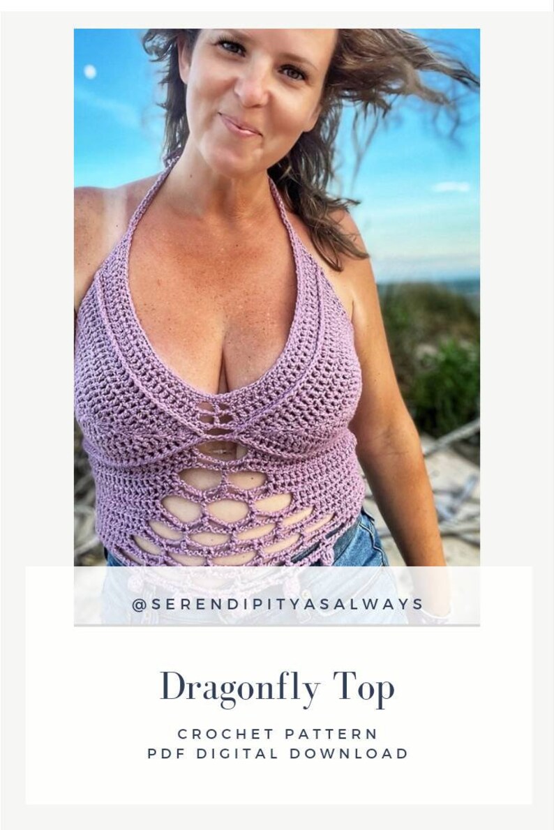 May include: A crochet top pattern with a dragonfly design. The pattern is available as a digital download. The image shows a woman wearing a purple crochet top with a cutout design.