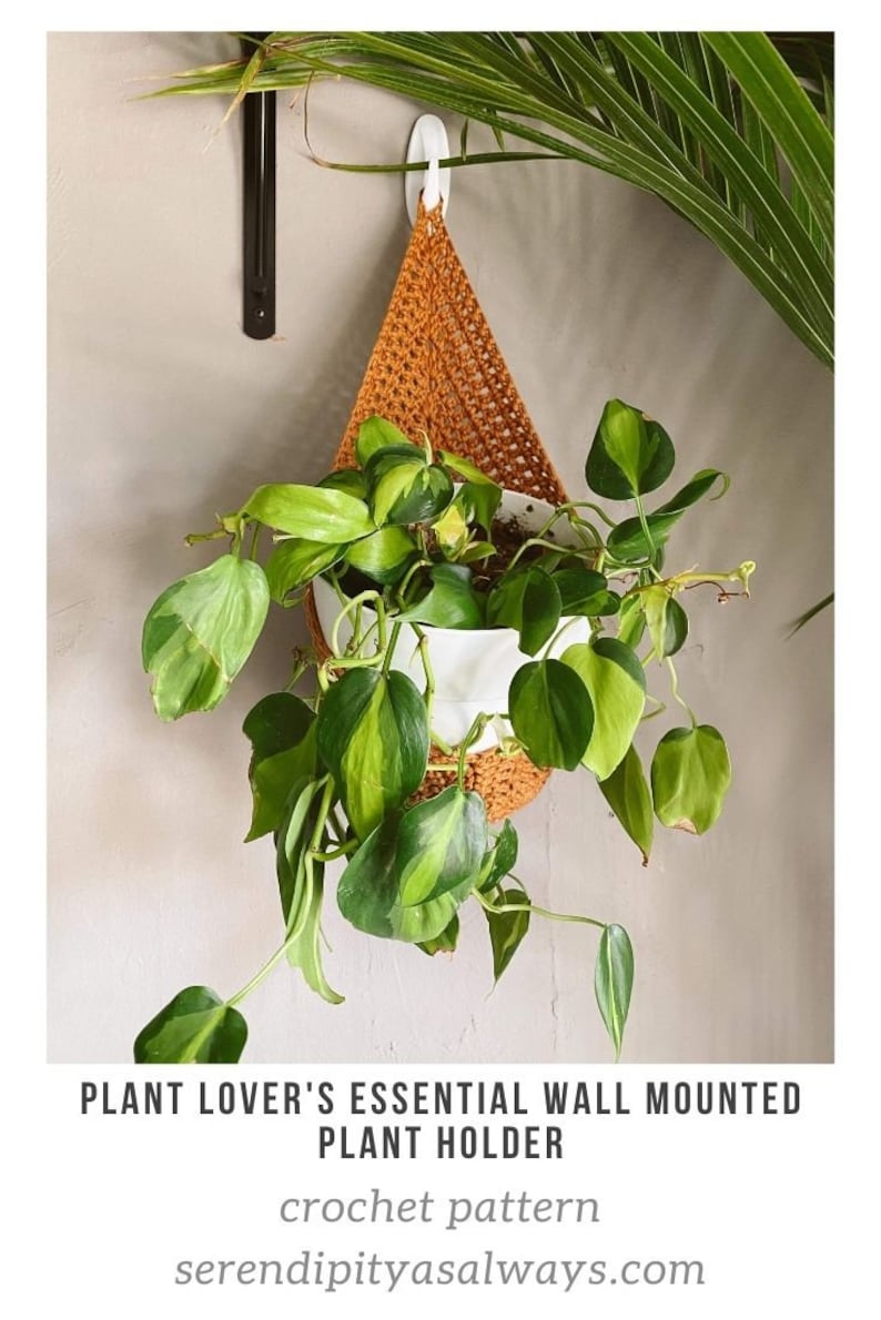 Puede incluir: Un macetero de crochet de color naranja c&aacute;lido cuelga de un gancho blanco en una pared. Una planta en maceta con hojas verdes y amarillas est&aacute; dentro del macetero.