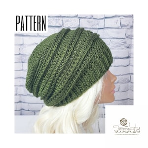 May include: A green crocheted beanie hat with a textured pattern. The hat is worn by a person with blonde hair. The text "PATTERN" is in the top left corner of the image. The text "Serendipity as Always" is in the bottom right corner of the image.