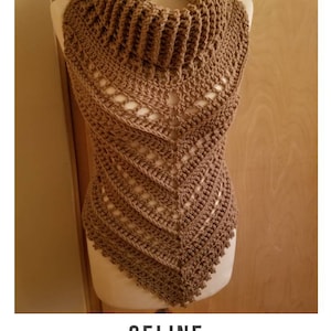 May include: A brown crocheted cowl with a lacy pattern and a high collar. The cowl is displayed on a mannequin. The text "CELINE crochet pattern" and "serendipity-as-always.com" is displayed below the cowl.