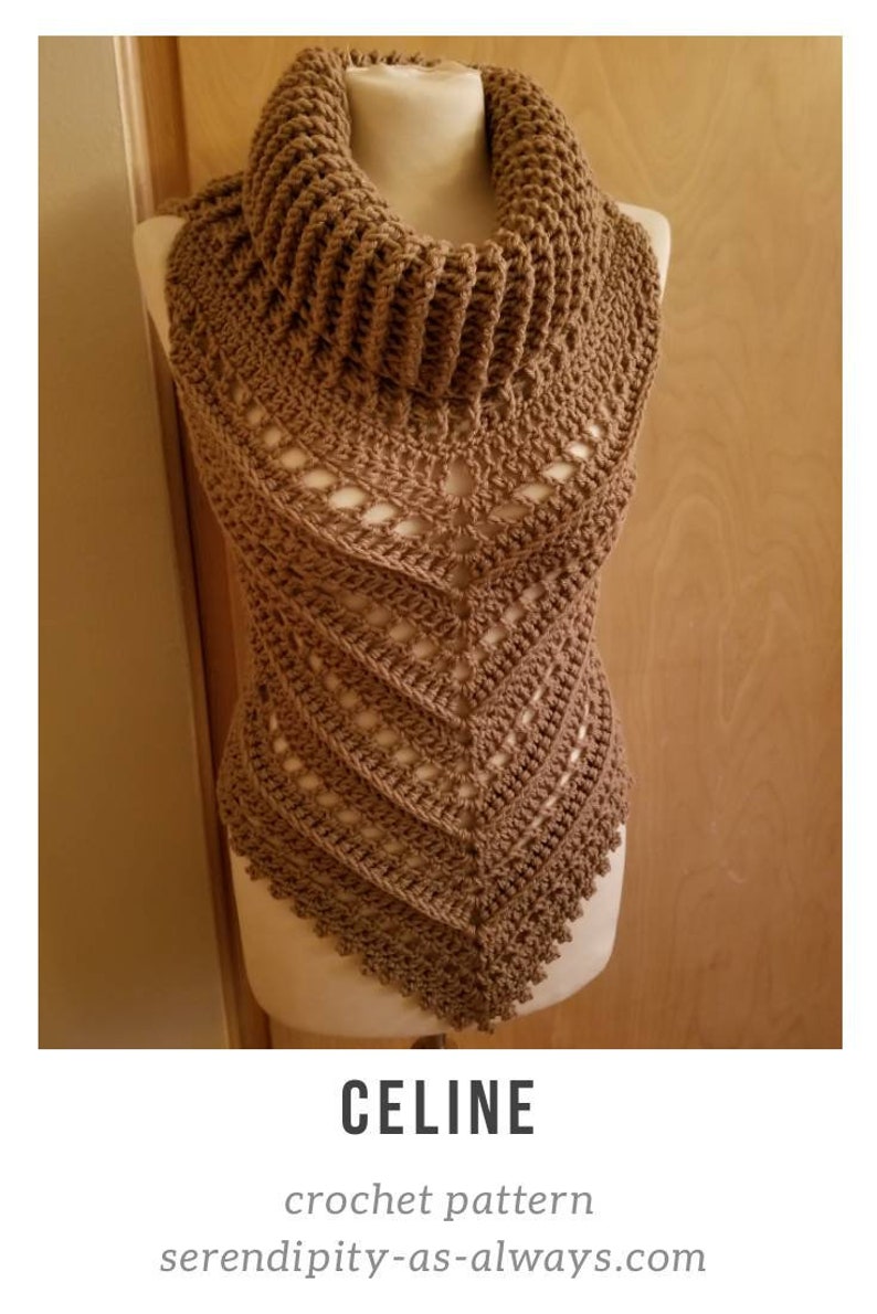 May include: A brown crocheted cowl with a lacy pattern and a high collar. The cowl is displayed on a mannequin. The text "CELINE crochet pattern" and "serendipity-as-always.com" is displayed below the cowl.