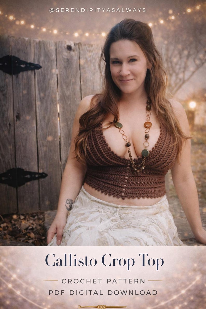 May include: A brown crochet crop top with a plunging neckline. The top is part of a crochet pattern called "Callisto Crop Top", available as a PDF digital download. The image also features a woman wearing the top and a long necklace.