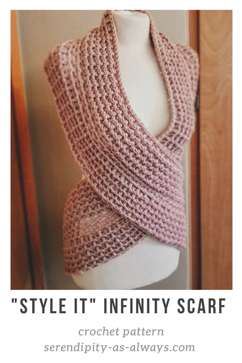 May include: A pink crocheted infinity scarf with a criss-cross design. "STYLE IT" INFINITY SCARF crochet pattern serendipity-as-always.com