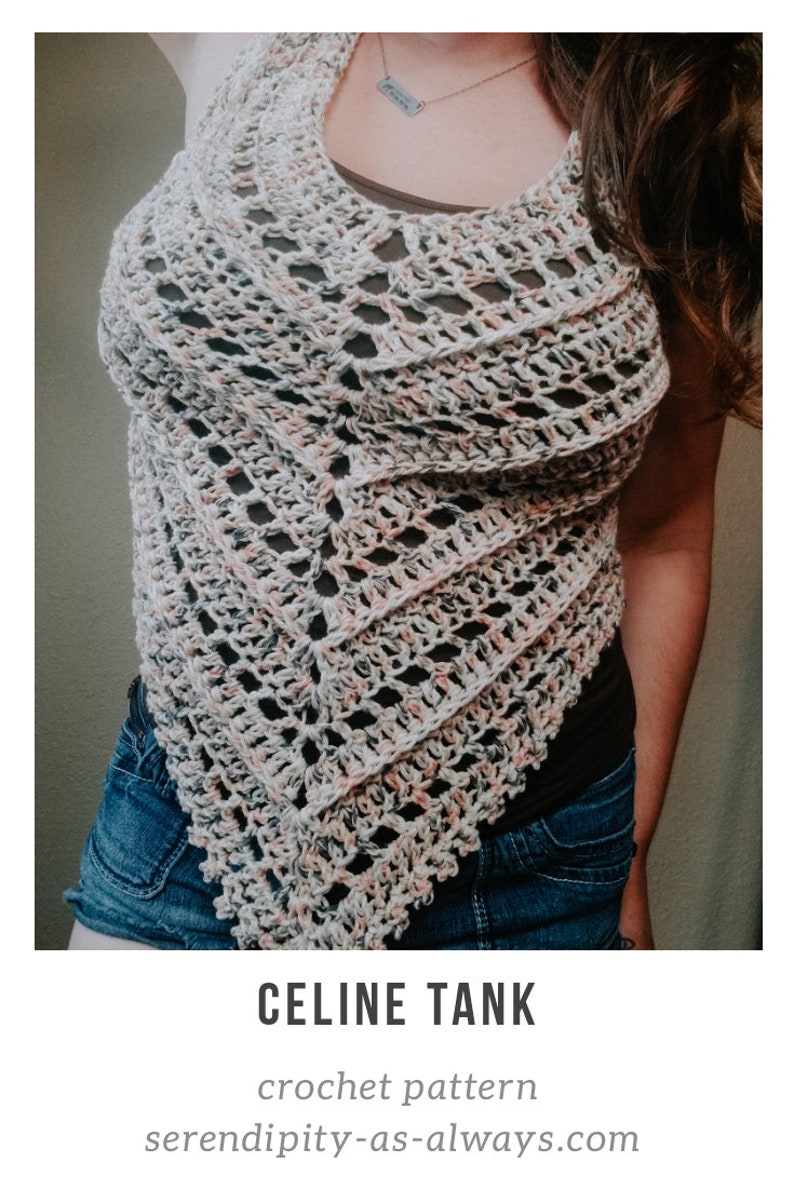 May include: A crochet tank top with a white, gray, and pink color scheme. The tank top is made with a delicate open stitch pattern. The text "CELINE TANK" and "crochet pattern" are visible below the image. The website address "serendipity-as-always.com" is also visible.