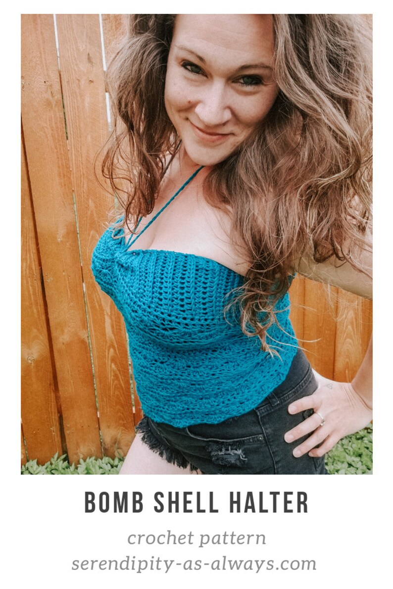 May include: A teal crochet halter top with a criss-cross strap design. The top is worn by a person with long brown hair. The text "BOMB SHELL HALTER" is at the bottom of the image. The text "crochet pattern" is below the first line of text. The text "serendipity-as-always.com" is below the second line of text.