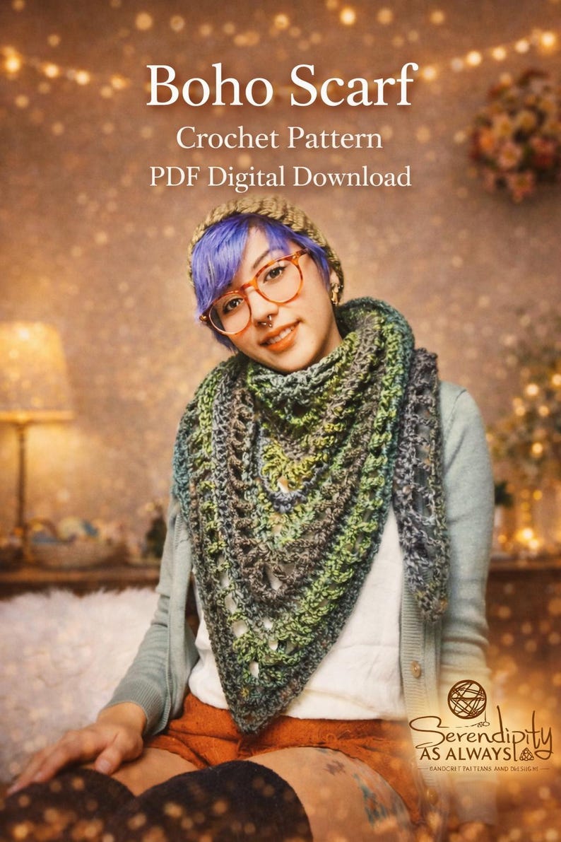 Crochet PATTERN | Boho Triangle Scarf Written Pattern | Boho Soul Scarf Pattern | Autumn Fall Scarf Corchet Instructions | Triangle Scarf image 2