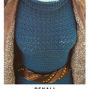 May include: A teal blue crochet top with a brown leather belt with gold studs. The text "DENALI crochet pattern" and "serendipity-as-always.com" is displayed below the image.
