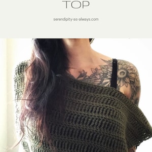 May include: A crochet top in a dark green color with a loose, open-weave design. The top is worn by a person with tattoos on their shoulders and chest. The text "EARTH ESSENCE TOP" and "serendipity-as-always.com" is visible at the top of the image.