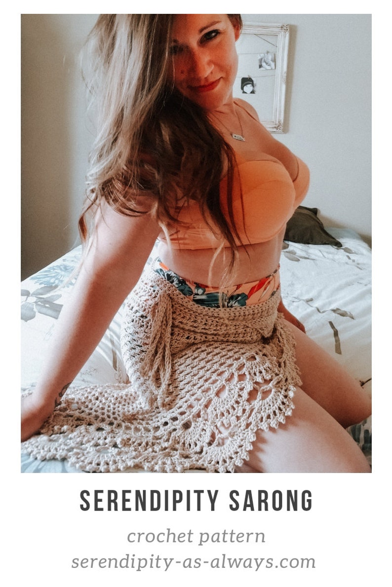 May include: A crocheted sarong in a beige color with a delicate lace pattern. The sarong is draped over a person's legs and hips. The text "SERENDIPITY SARONG" and "crochet pattern" is visible below the image. The website address "serendipity-as-always.com" is also visible.