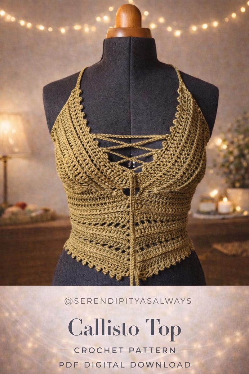 May include: A handmade, olive green crochet top displayed on a mannequin. The top features a halter neck, a lace-up front, and a scalloped edge. The text "Callisto Top" is visible below the top.