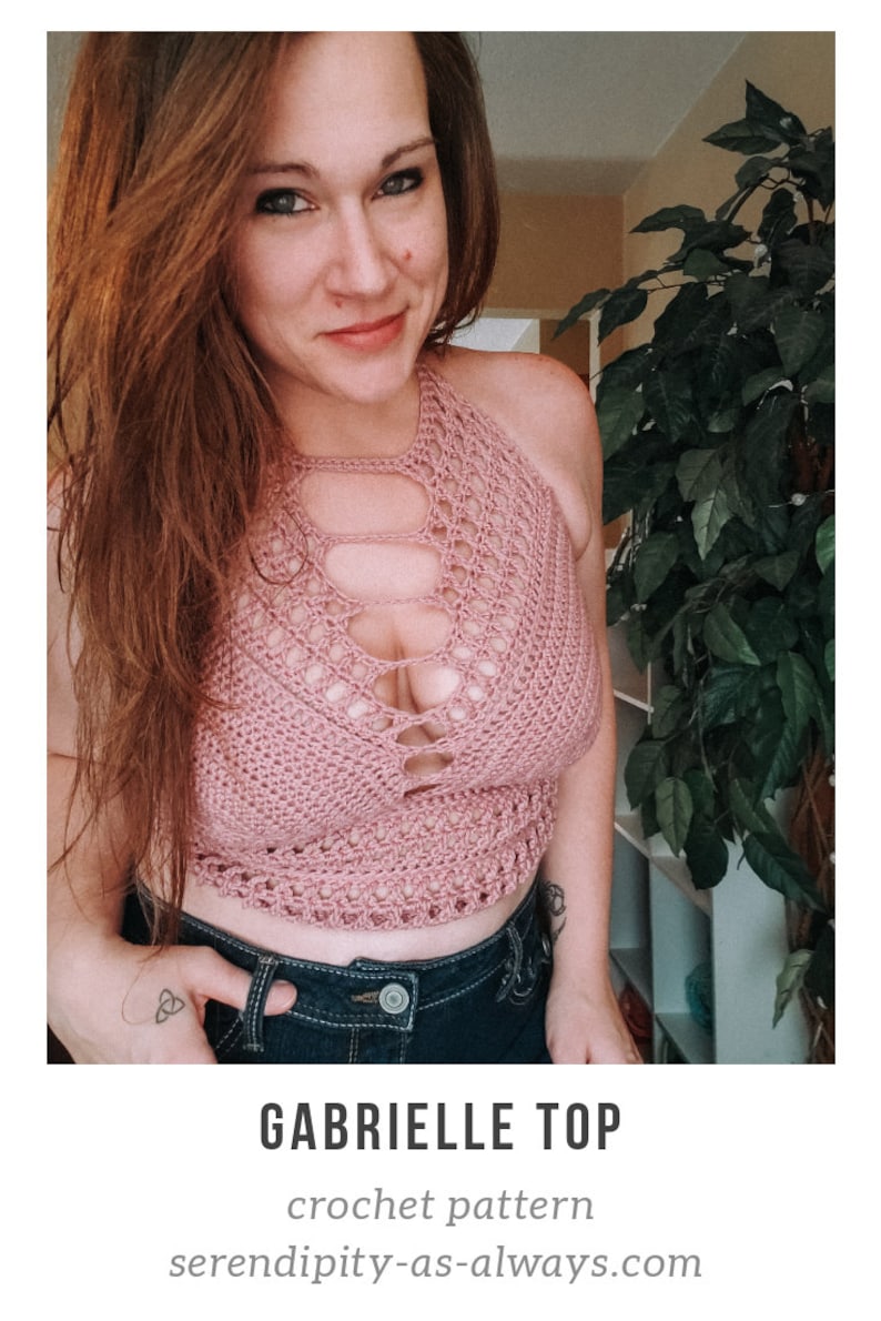 May include: A pink crochet halter top with a cutout design. The top is worn by a person with long brown hair and is paired with blue jeans. The text "GABRIELLE TOP" and "crochet pattern" are visible below the image. The website address "serendipity-as-always.com" is also visible.