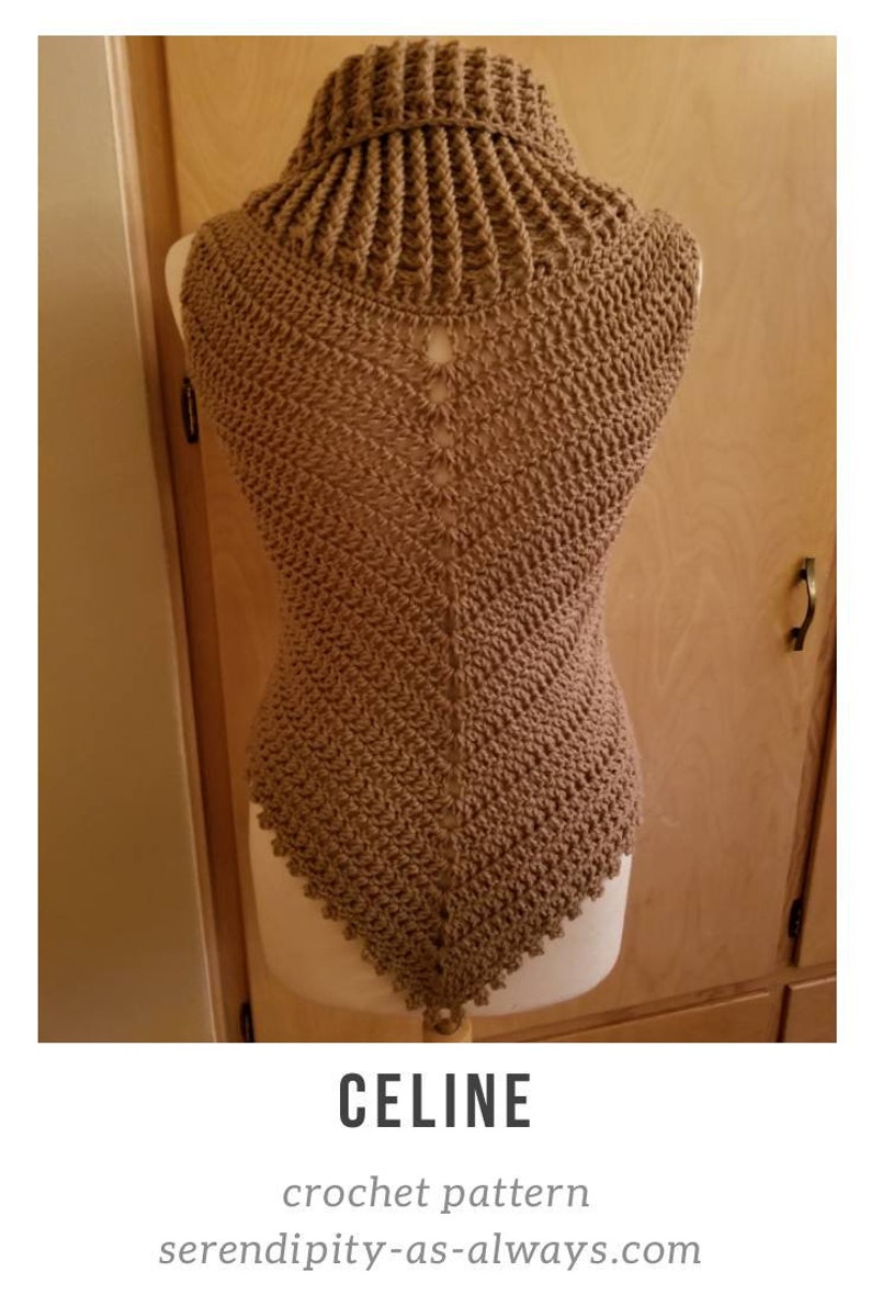 May include: A brown crocheted cowl with a high neck and a triangular shape. The cowl is displayed on a mannequin. The text "CELINE crochet pattern serendipity-as-always.com" is below the image.