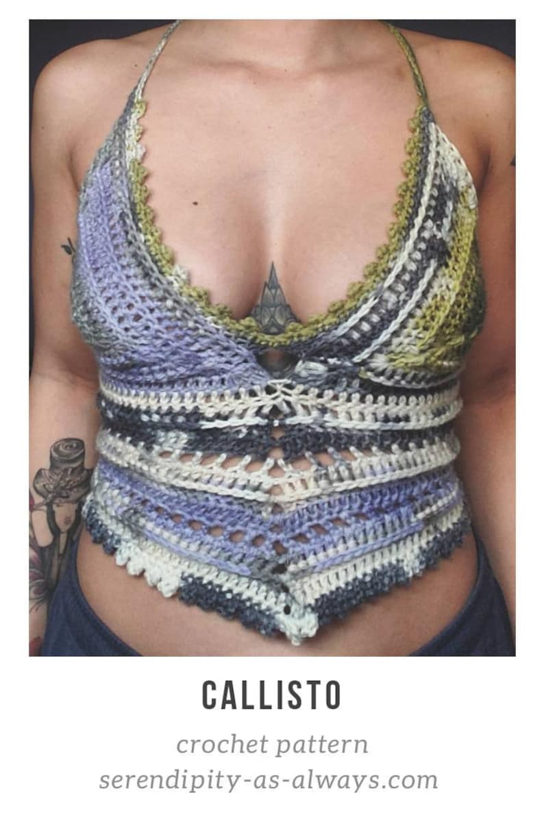 May include: A handmade crochet halter top in shades of blue, green, and white. The top features a scalloped edge and a geometric design. The word "CALLISTO" is displayed below the top.