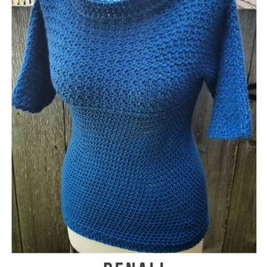 May include: A blue crochet top with a high neckline and short sleeves. The top is made with a textured stitch and has a fitted silhouette. The text "DENALI crochet pattern" and "serendipity-as-always.com" is visible below the image.