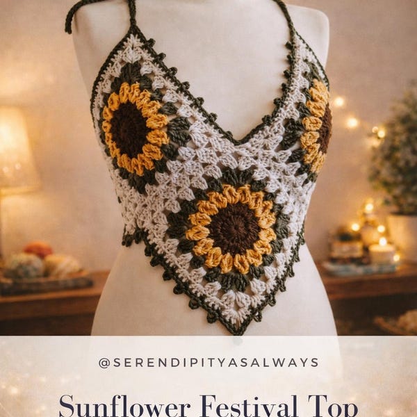 Gehaakt PATROON | Haakpatroon topje zonnebloem festival | Patroon zomer crop-top dames | Haakpatroon oma vierkante top