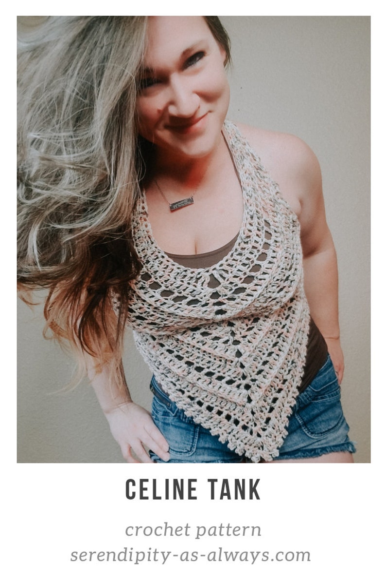 May include: A woman wearing a crocheted tank top with a brown and white color pattern. The tank top has a halter style neckline and a triangular shape. The woman is wearing blue denim shorts and has long blonde hair.