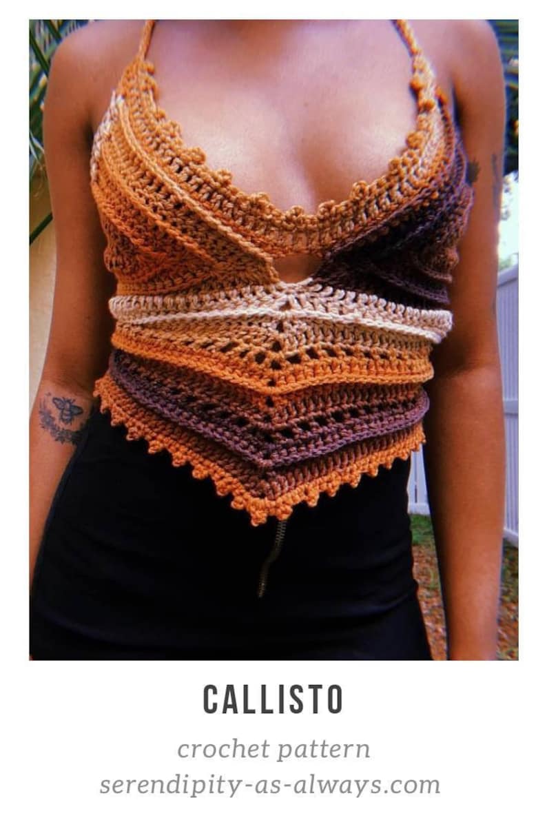 May include: A handmade crochet halter top in shades of orange, brown, and cream. The top features a unique design with a scalloped edge and a keyhole detail. The word "CALLISTO" is displayed below the top.