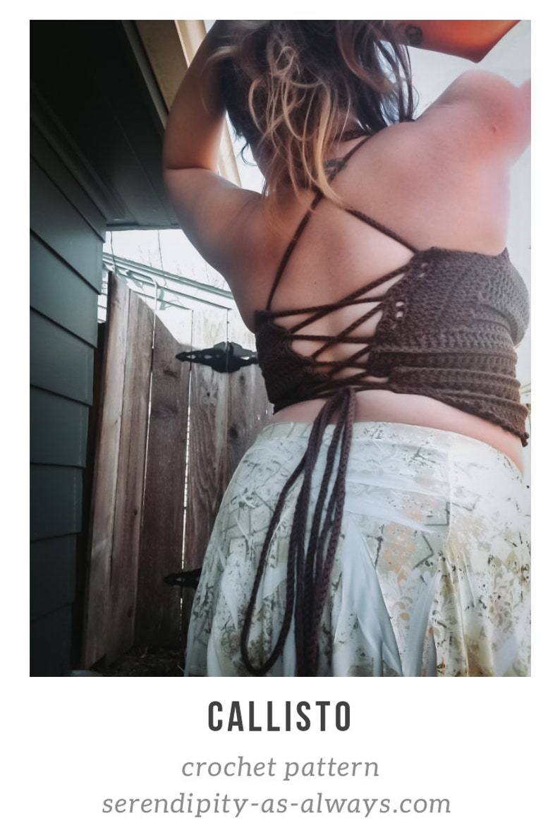 May include: A brown crochet top with a laced back detail. The top is part of the "CALLISTO" crochet pattern. The image also includes the text "serendipity-as-always.com".