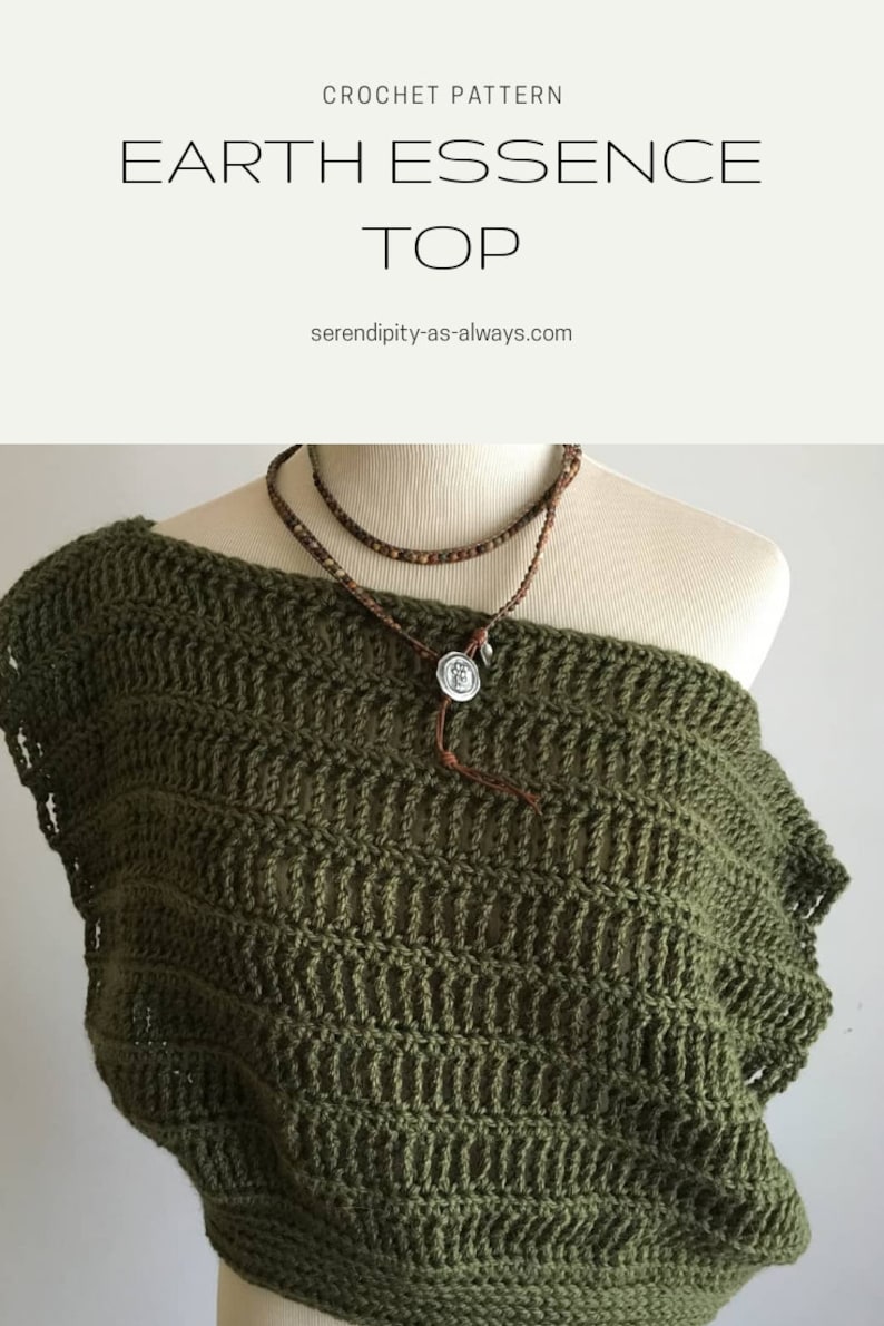 May include: A crochet top in a dark green color, with a loose, open-weave pattern. The top is shown on a mannequin, with a brown leather cord necklace with a silver pendant.