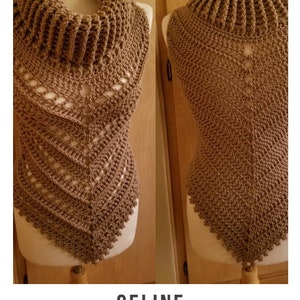 May include: A brown crochet cowl with a high neck and a lacy pattern. The cowl is displayed on a mannequin. The text "CELINE crochet pattern" and "serendipity-as-always.com" are visible below the image.