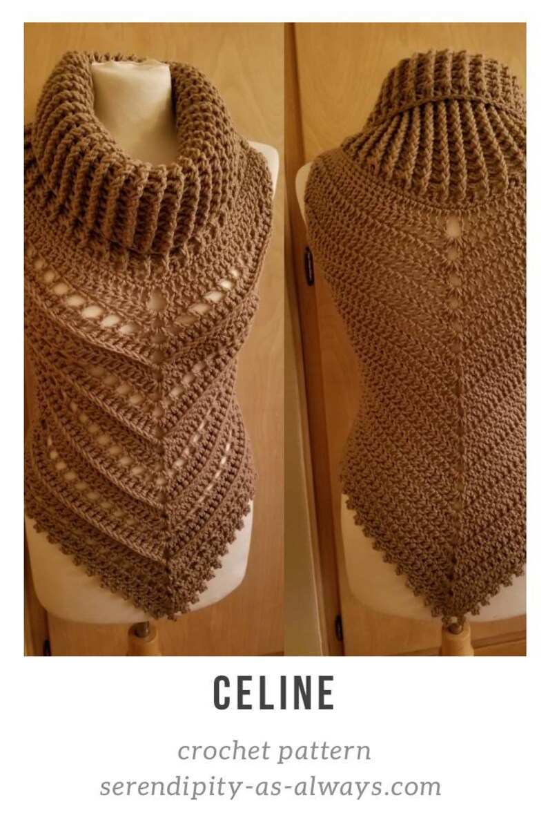 May include: A brown crochet cowl with a high neck and a lacy pattern. The cowl is displayed on a mannequin. The text "CELINE crochet pattern" and "serendipity-as-always.com" are visible below the image.