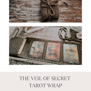 May include: A brown crocheted tarot wrap with a tied bow. The wrap is laying on a wooden surface with tarot cards and a crystal. The text "THE VEIL OF SECRET TAROT WRAP Crochet Pattern @SERENDIPITYASALWAYS" is below the image.
