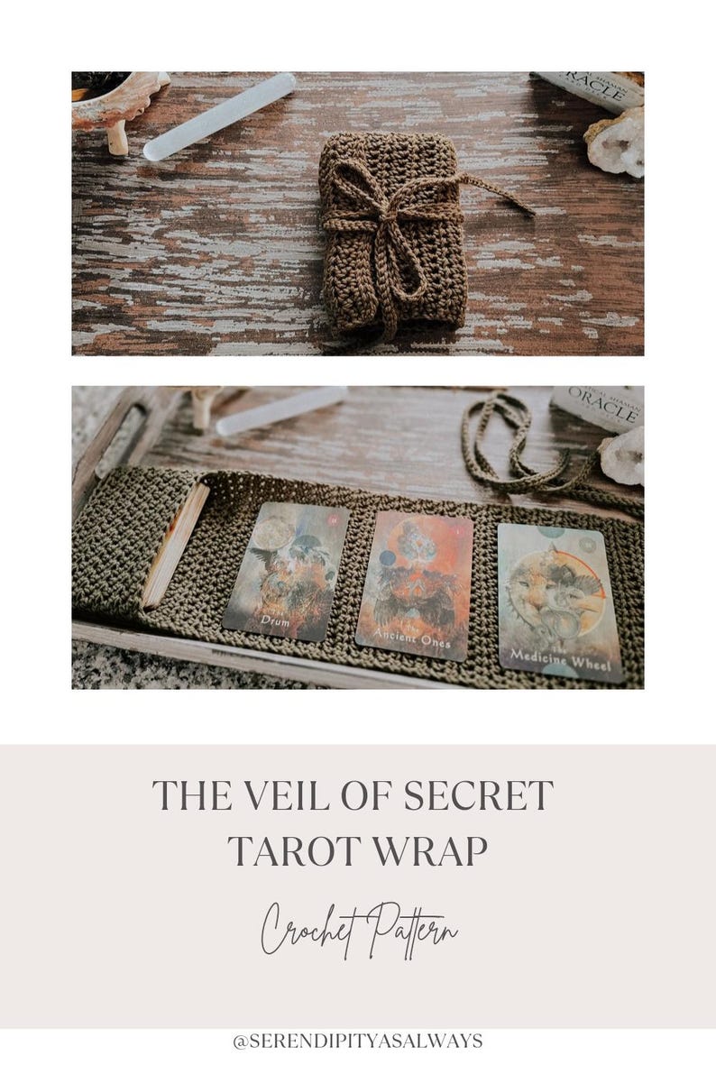 May include: A brown crocheted tarot wrap with a tied bow. The wrap is laying on a wooden surface with tarot cards and a crystal. The text "THE VEIL OF SECRET TAROT WRAP Crochet Pattern @SERENDIPITYASALWAYS" is below the image.
