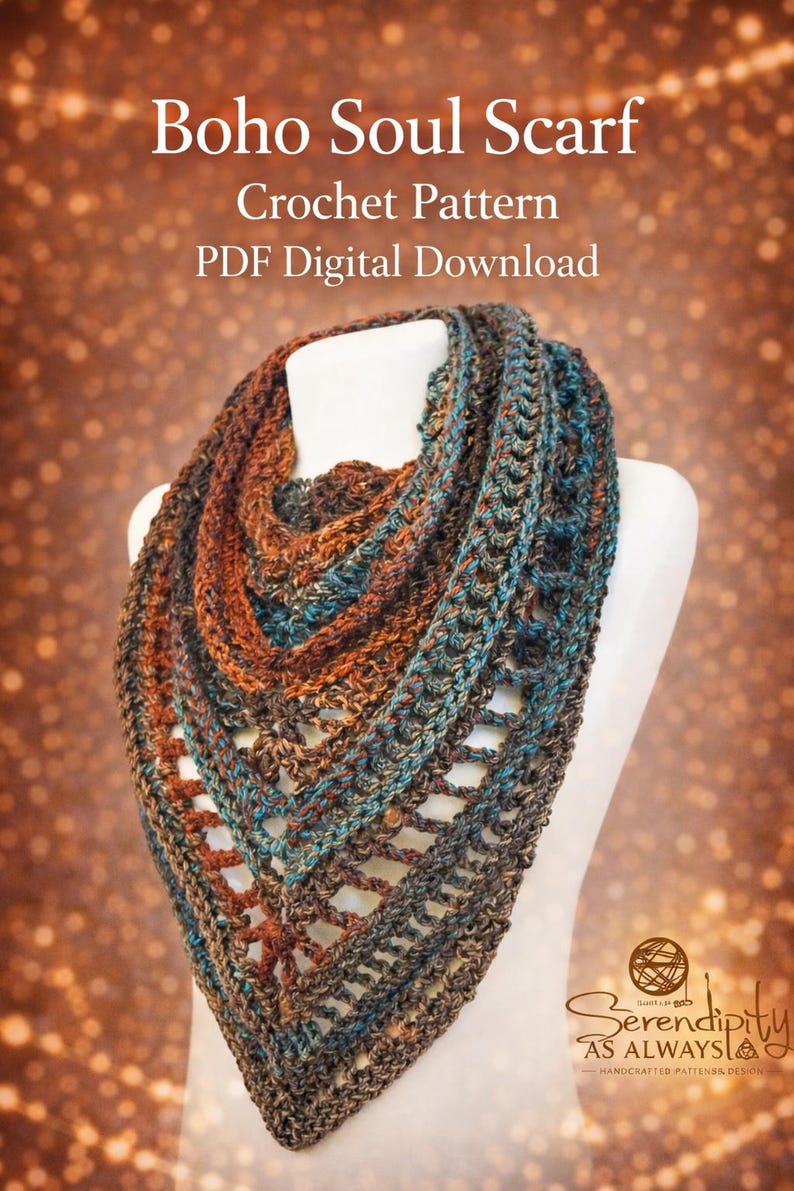Crochet PATTERN | Boho Triangle Scarf Written Pattern | Boho Soul Scarf Pattern | Autumn Fall Scarf Corchet Instructions | Triangle Scarf image 1